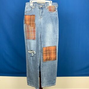 BP jeans w fall colored plaid patches